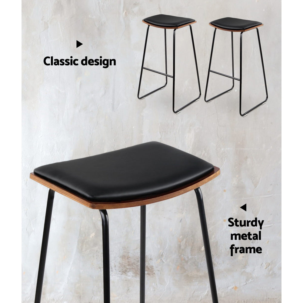 Artiss Set of 2 Backless PU Leather Bar Stools in black and wood, featuring a padded seat and sturdy metal frame.